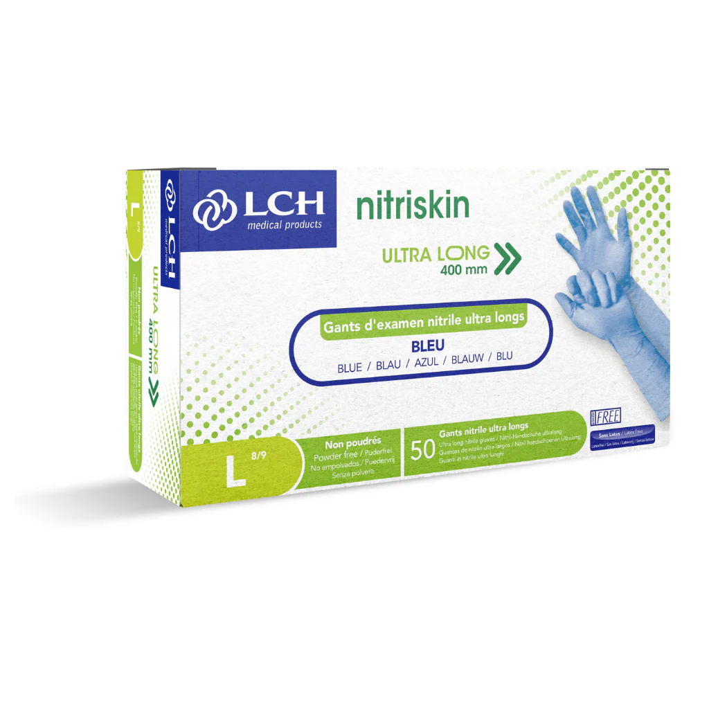 Gant d'examen Nitrile Nitriskin non poudré bleu Extra Long 40cm, boite de 50 - Image 3