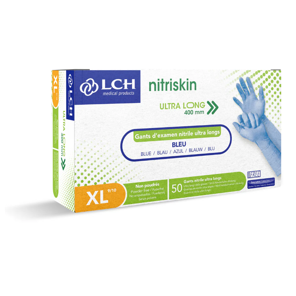 Gant d'examen Nitrile Nitriskin non poudré bleu Extra Long 40cm, boite de 50 - Image 4