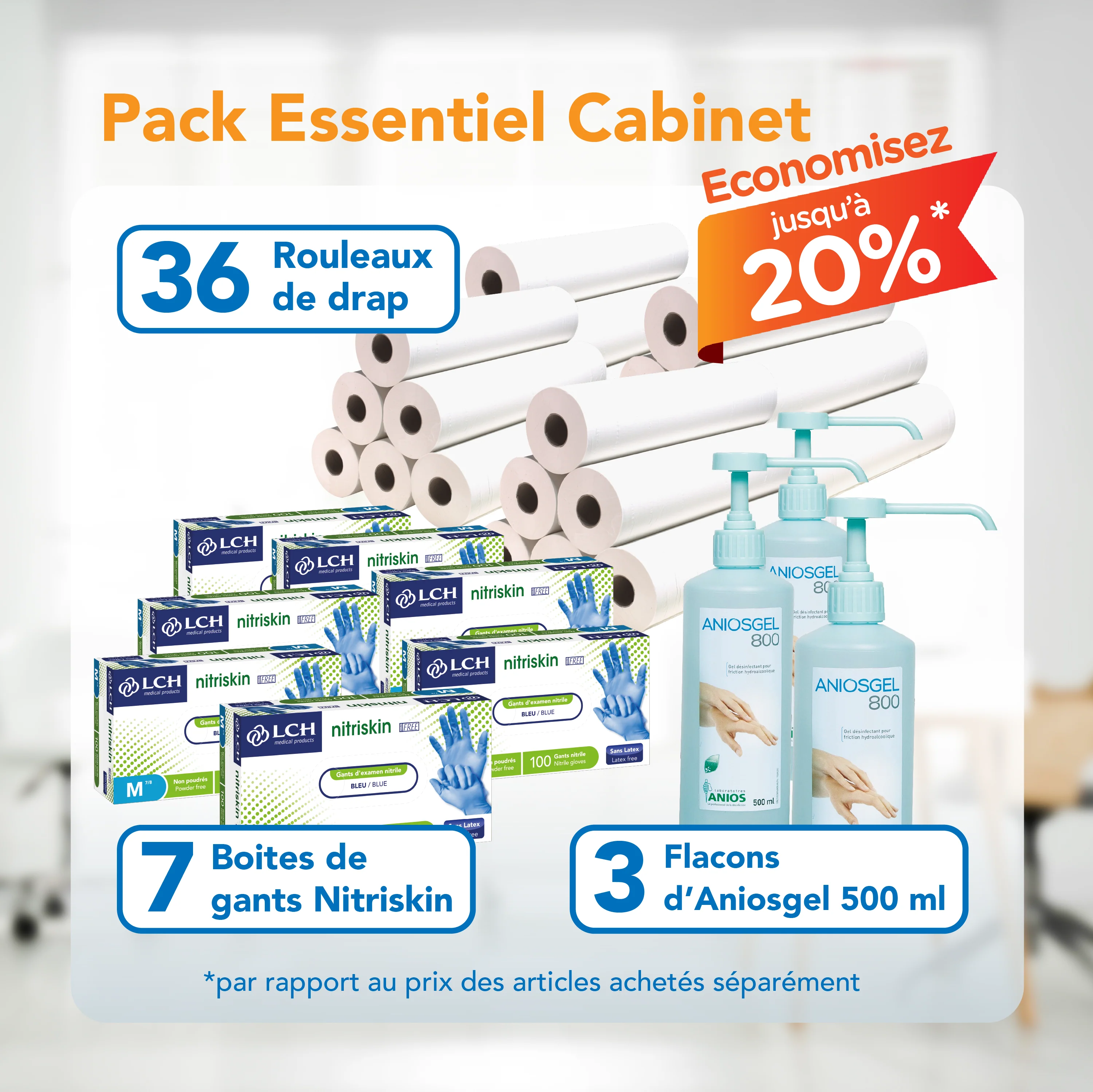 Pack Essentiel Cabinet Médical : draps, gants et Aniosgel en un clic